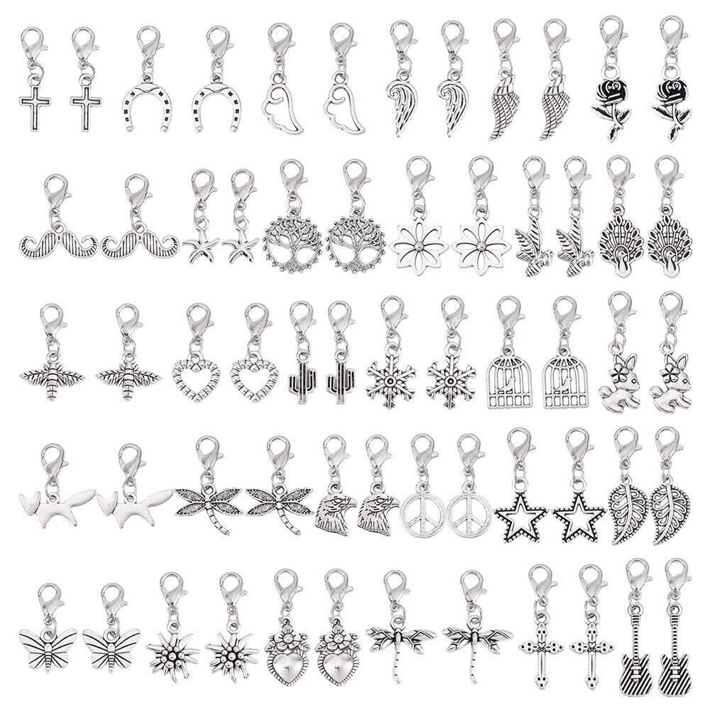 2791 60Pcs 30 Styles Clip on Charm Pendants 22.5-35.5mm Antique Silver